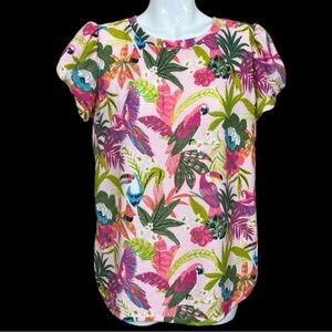 Crown & Ivy Belk Tropical Flora and Fauna Poly Spandex Puff Sleeve Top Large